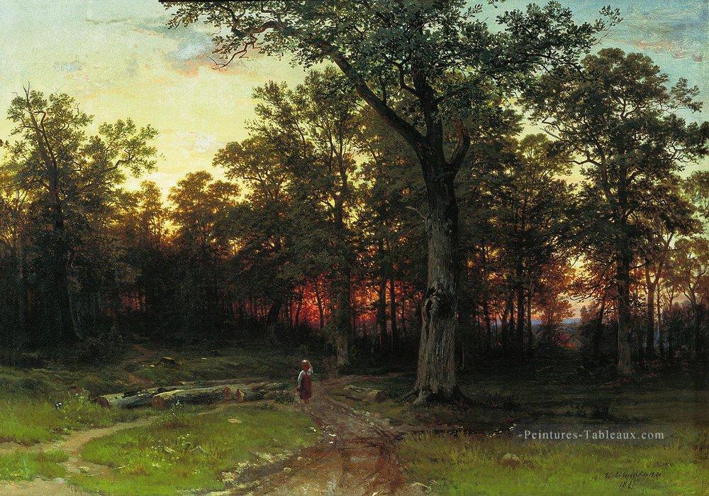 bois dans la soirée 1869 paysage classique Ivan Ivanovitch arbres Peintures à l'huile